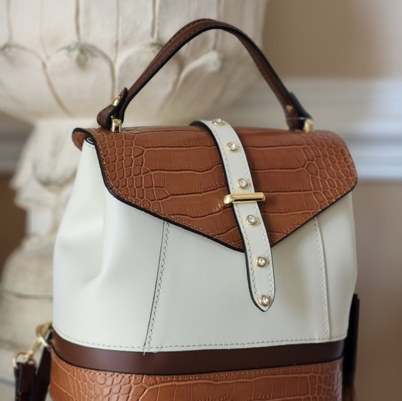 NWT ❗️ House of Harlow  1960 mini backpack cream and brown leather crystal stud - Picture 1 of 13